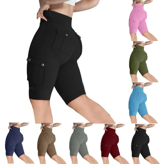 AnuYalue Womens Cargo Shorts with Back Flap Pockets Knee Length Butt Lifting High Waisted Long Biker Yoga Shorts Workout Bermuda Cargo Running Shorts