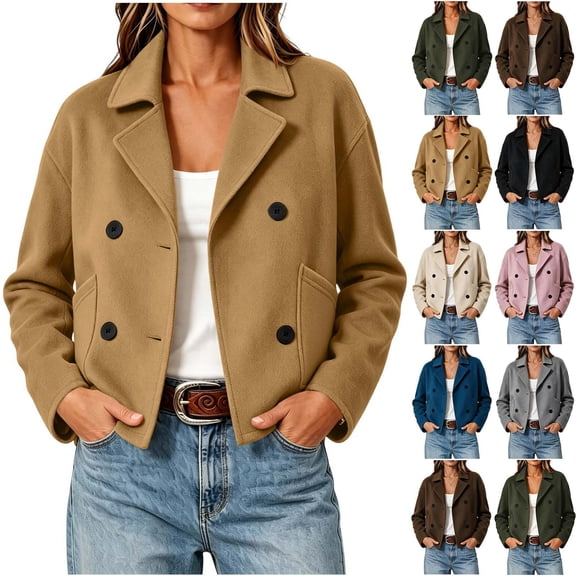 AnuYalue Womens Cropped Wool Blend Pea Coat Notched Lapel Jackets Fall Winter Long Sleeve Outerwear Double Breasted,Side Pockets