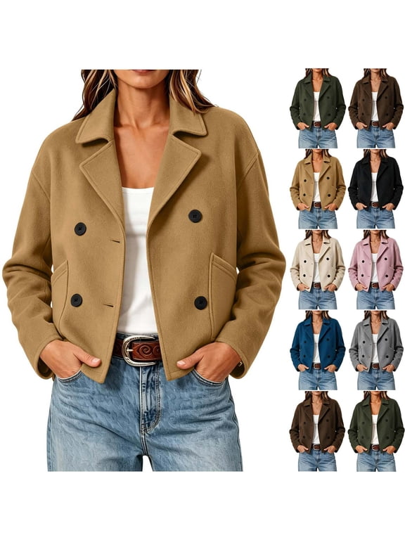 Womens Cropped Wool Blend Pea Coat Notched Lapel Jackets Fall Winter Long Sleeve Outerwear Double Breasted,Side Pockets