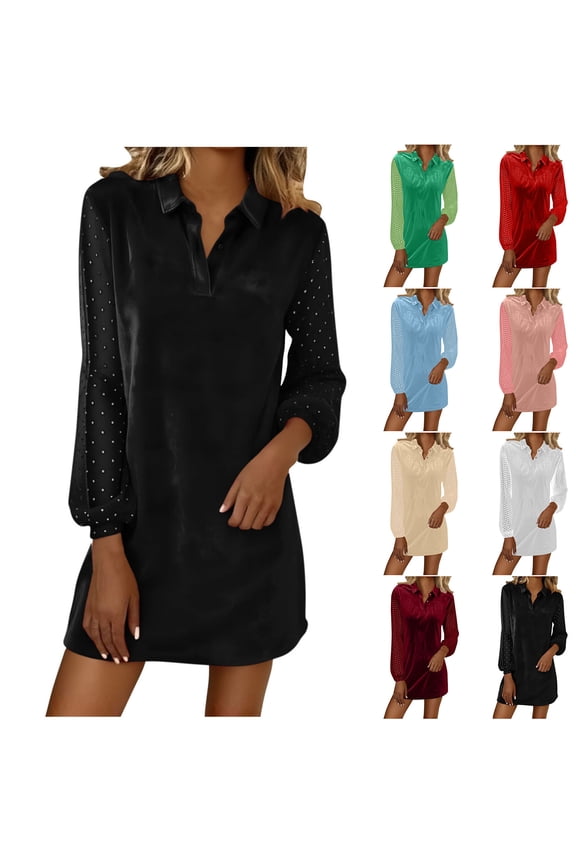 Womens Elegant Velvet Dress Mesh Patchwork Lapel Short Sleeve Dress Spring Summer Fashion Button Up Dresses