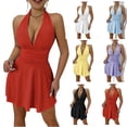 thumbnail image 1 of AnuYalue Womens Sleeveless Ruched Halter Short Dress Tie Back Sundress Deep V Neck Ruffle Party Dresses Prom Gowns, 1 of 6