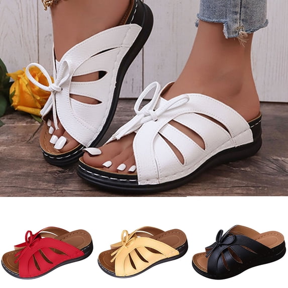 AnuYalue Womens Slides Sandals Hollow Wedge Sandals Open Toe Orthopedic Arch Support Slip-on Slippers Comfortable Wedge Sandals Casual Walking Sandals