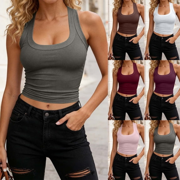 AnuYalue Womens Tank Top Scoop Neck Low Cut Racerback Tops Workout Ribbed Knit Fitted Sleeveless Cami Shirt