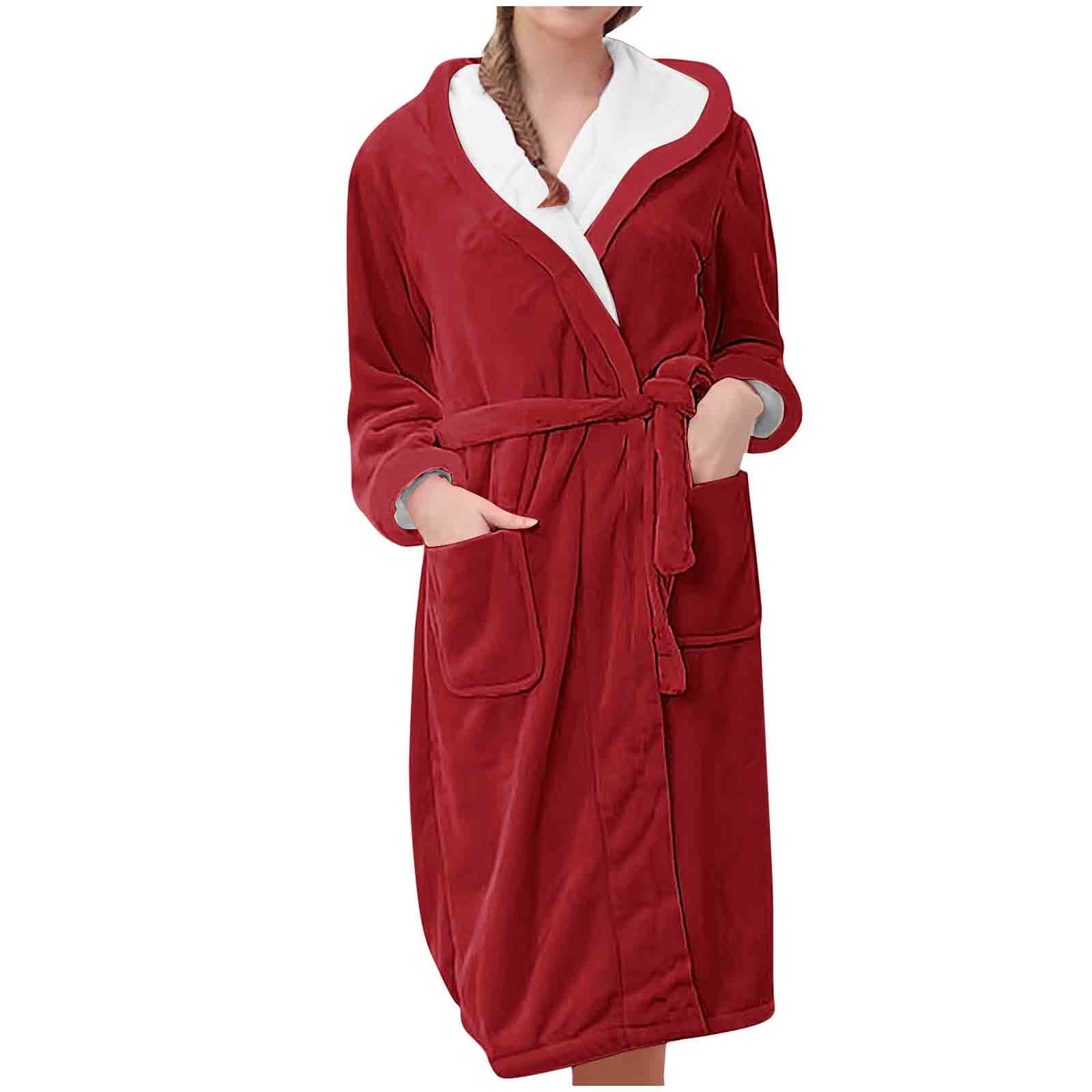 AnuYalue Womens Ultra Soft Plush Bathrobe with Hood, Warm Fleece Robe with Pockets Spa Robes for