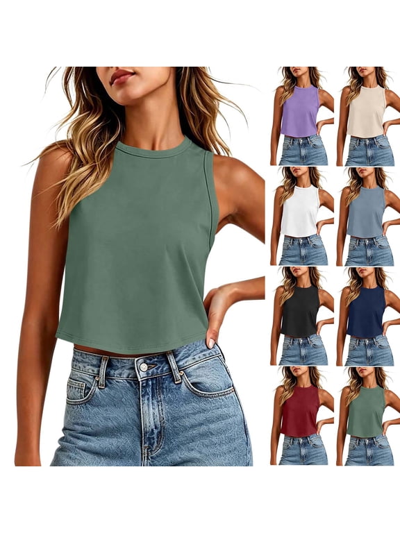 Womens Workout Cropped Tank Tops Racerback Sleeveless Crewneck Running Yoga Active Shirts