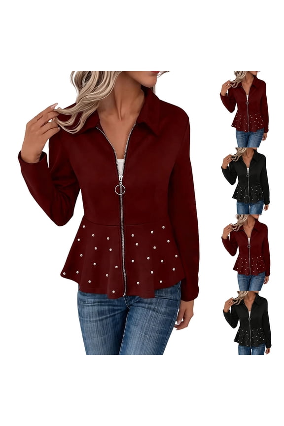 Womens Zip Up Jackets Collar Neck Lightweight A-Line Peplum Jacket Cardigans Long Sleeve Tunic Coats