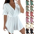 thumbnail image 1 of AnuYalue Wrap Jumpsuits for Women Short Sleeve Party Club Outfits Elastic Waist Short Ruffles Rompers Dressy Army Green S, 1 of 9