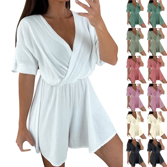 AnuYalue Wrap Jumpsuits for Women Short Sleeve Party Club Outfits Elastic Waist Short Ruffles Rompers Dressy Army Green S