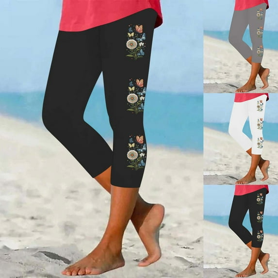 AnuYalue Yoga Capri Leggings for Women Tummy Control High Waisted Capris Stretchy Workout Yoga Pants Summer Dressy Cropped Pants Boho Floral Beach Pants