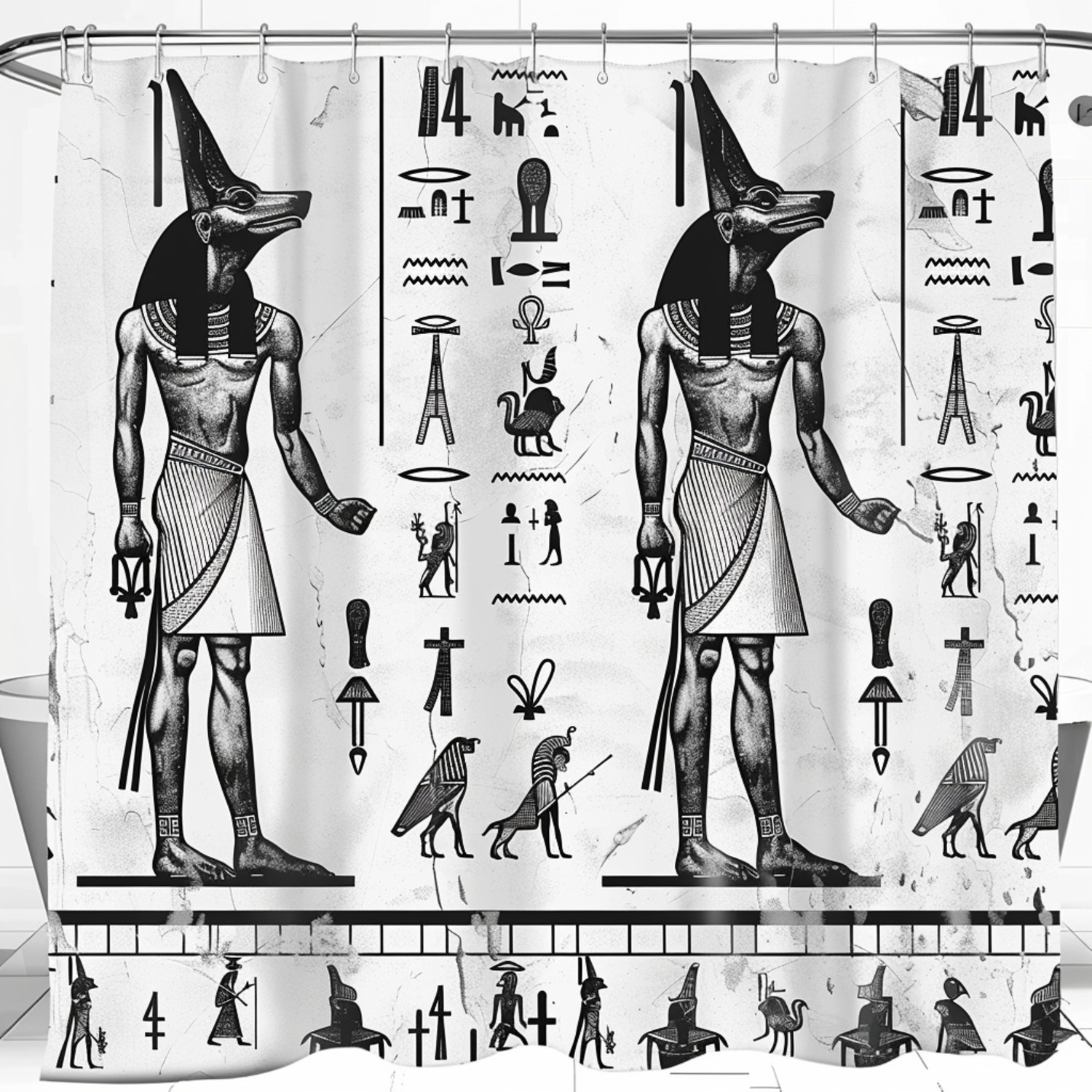 Anubis Egyptian God Shower Curtain Vintage Sketch Design with Ankh