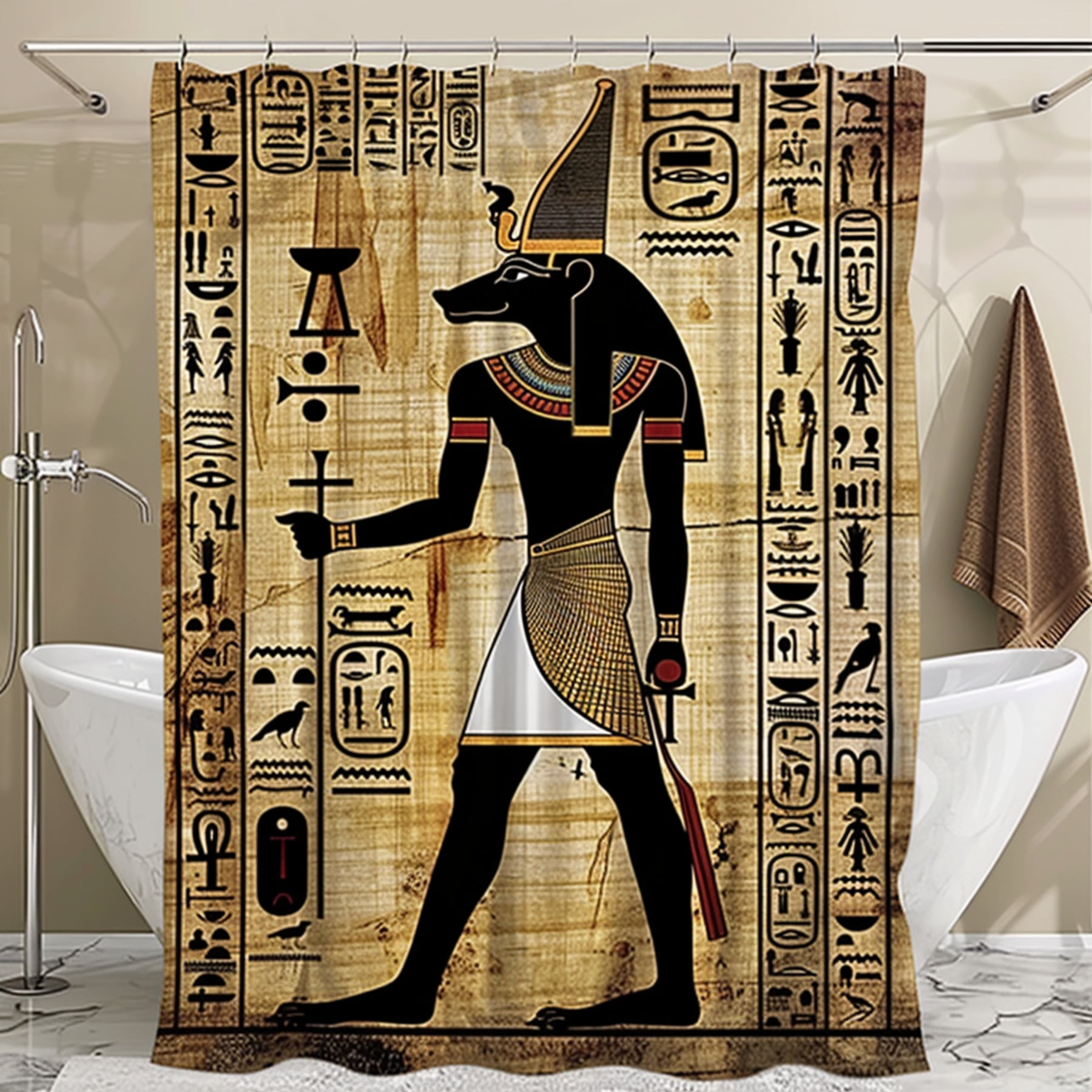 Anubis Egyptian God Shower Curtain with Papyrus Design Hieroglyphics