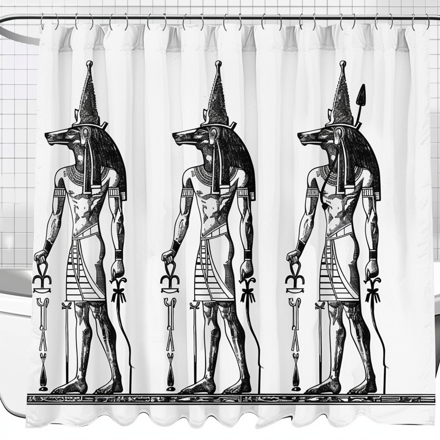 Anubis God of Egypt Shower Curtain Vintage Sketch Design with Ankh