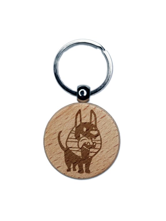 Anubis Puppy Egyptian Jackal Dog Round Keychain Charm Tag - Engraved Wood