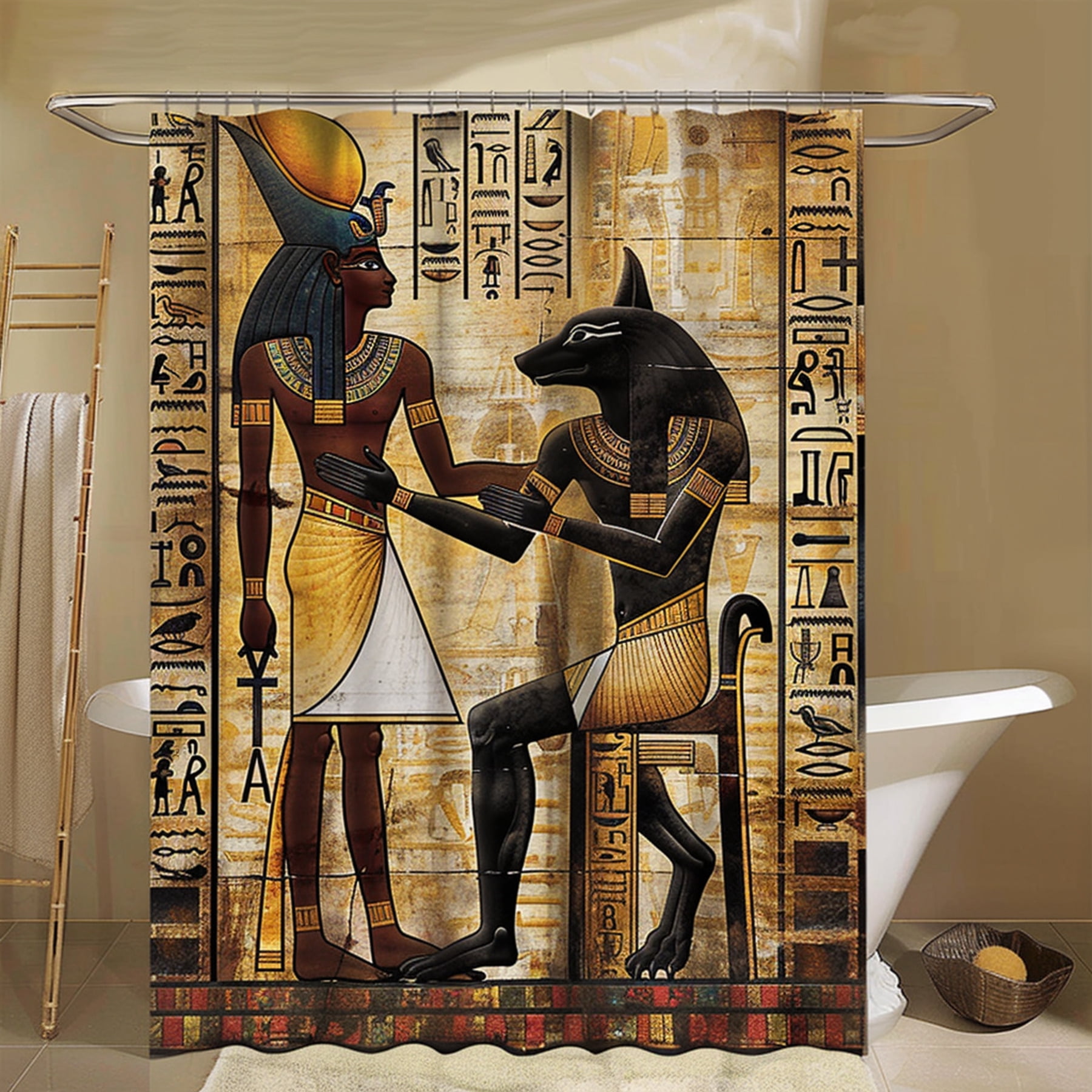 Anubis and Mummy Egyptian Style Shower Curtain Beige & Gold Bathroom ...
