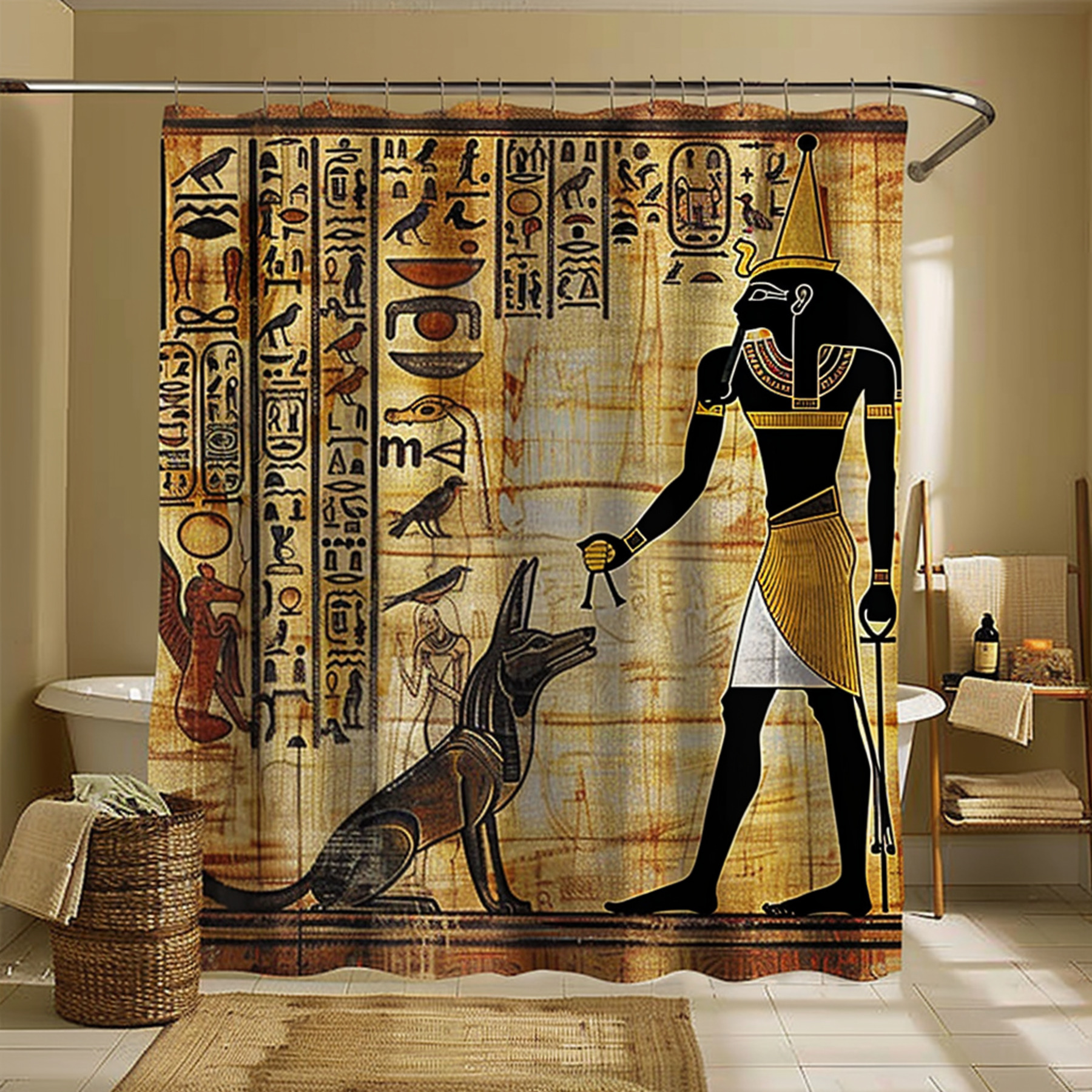 Anubis and Mummy Egyptian Style Shower Curtain Beige Walls Golden