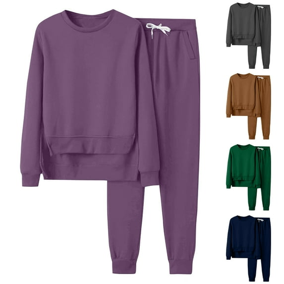 AnuirheiH 2 Piece Crew Neck Sweatshirts Women Jogger Set for Women, Long Sleeve Irregular Pullover Top/Shirt Set Solid Color