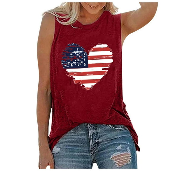 AnuirheiH 4th of July Tank Tops for Women American Flag Outfits Sleeveless Patriotic Shirts Women's Sleeveless Tank Tops O-Neck Printing Sleeveless Casual Loose Vest Tops