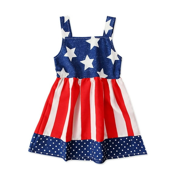 AnuirheiH 4th of July Toddler Girl Outfit Straps Dress American Flag Stars Striped Sundress Independence Day Patriotic Dresses