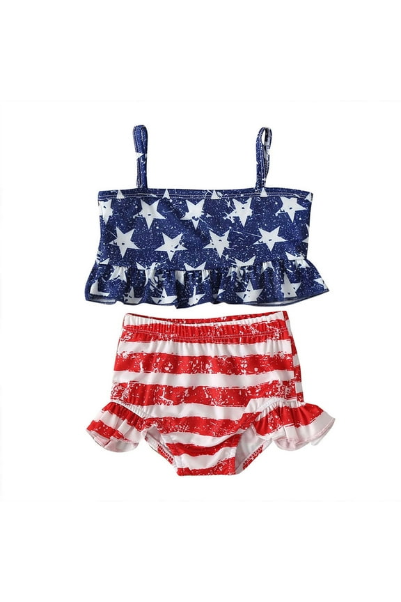 4th of July Toddler Girl Outfit Swimsuit Ruffle Stars Strap Top and Skirt Bathing Suit Summer Beach Outfits Set