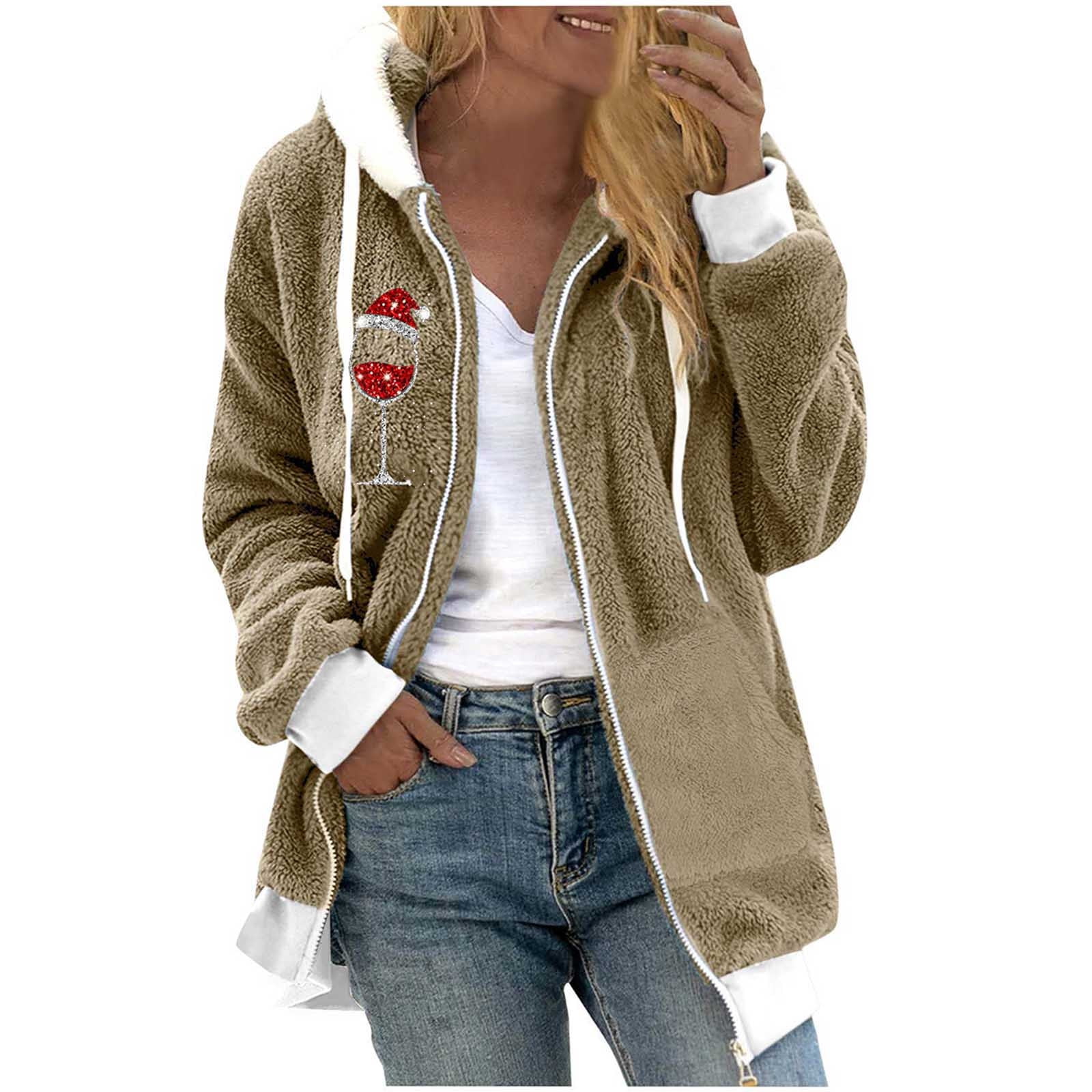 AnuirheiH Fleece Coat for Women,Women's Oversized Zip Up Hooded Jacket ...