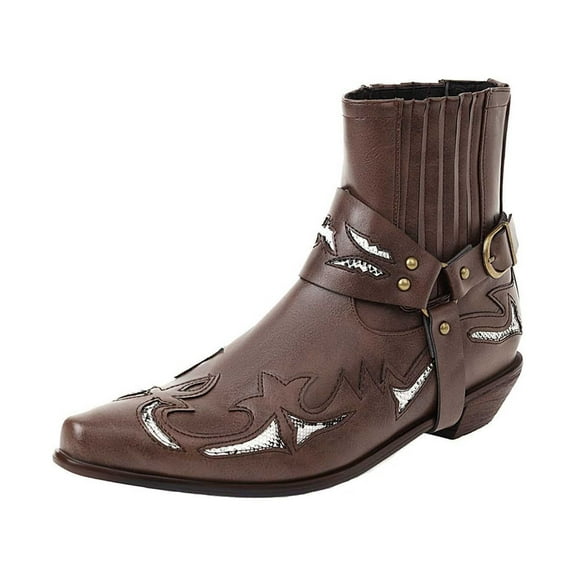 AnuirheiH Large Size Winter Boots for Mens Western Boots Embroidery Leather Boots Mid-Calf Chunky Booties Heel Retro Pointed Boots