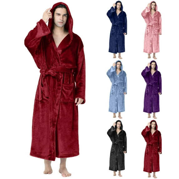 AnuirheiH Men's Wool Hooded Robe Large Size Plush Thermal Bathrobe Lightweight Spa Soft Sleepwear Full Length Loungewear House Robes with Pockets
