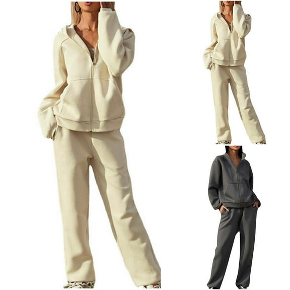 AnuirheiH Oversized Zip up Hoodie for Women, Long Sleeve Sweatshirt and Oversized Sweatpants Set Wide Leg Pants Casual Sports 2024 Trendy Clothes