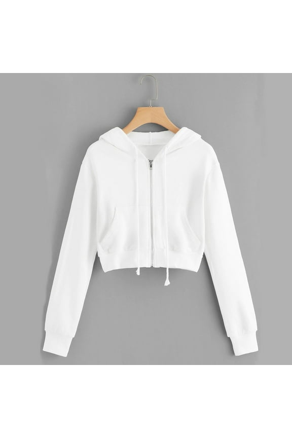 AnuirheiH Plain Sweatshirts Long Sleeve Crop Tops Sweater Lightweight Zip Up Hoodie XL L XXL M S Hooded Drawstring Jacket for Women(White)
