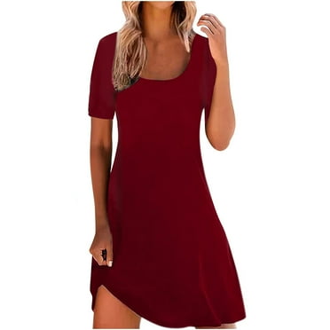 AnuirheiH Square Neck Midi Dress with Short Sleeve 2023 Fall Causal Loose Solid Color Party Long Dresses