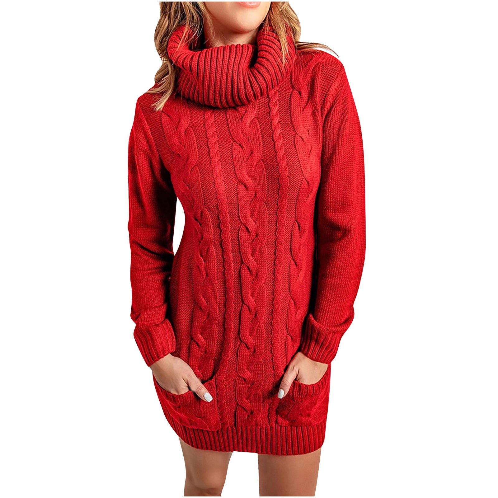 AnuirheiH Turtleneck Kitted Sweater Dress for Women Winter Chunky Warm Long Sleeve Solid Color Ribbed Fleece Jumper Dresses Walmart