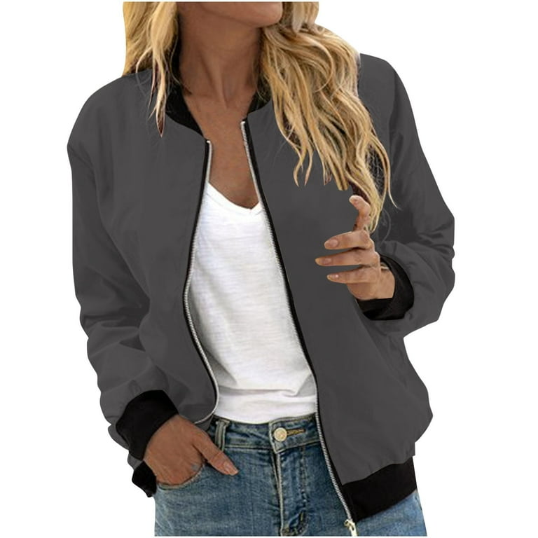 Women s Jackets Lightweight Zip Up Casual Inspired Bomber Jacket Solid Color Coat Stand Collar Short Outwear Tops Walmart