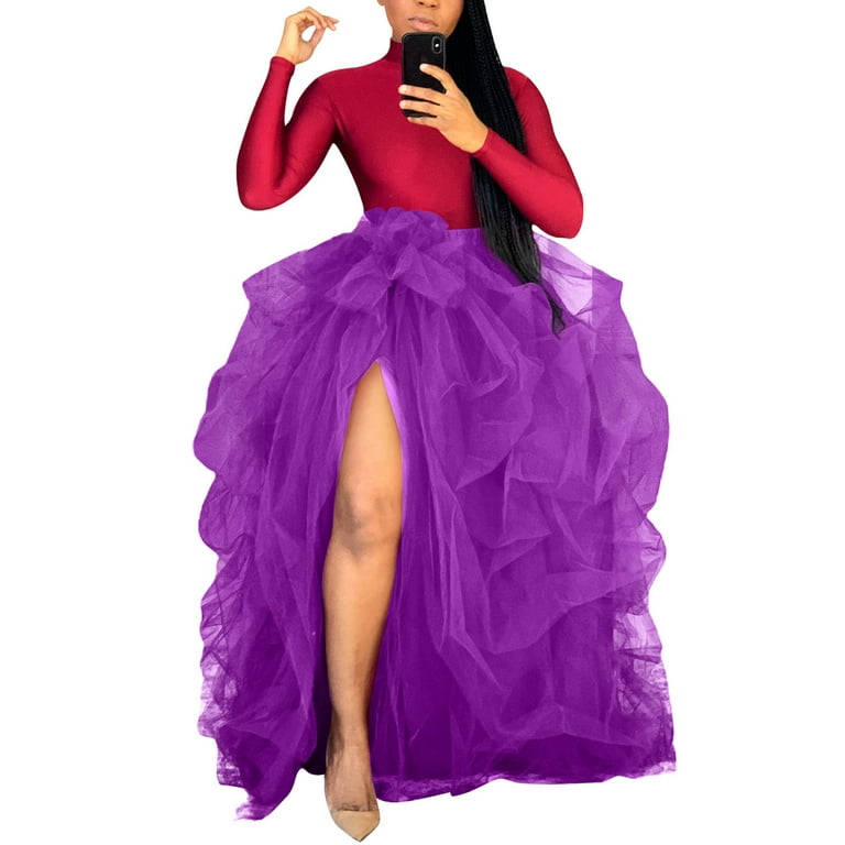 Aayomet Maxi Skirts For Women Women Floral Print Elastic Waist Band Midi  Skirt Double Layer Puffy Princess Skirt,Purple Small 