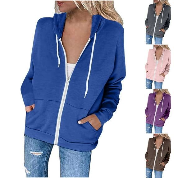 AnuirheiH Womens Hoodie Full Zip Long Sleeve Lightweight Sweatshirts Pockets Jacket Coat