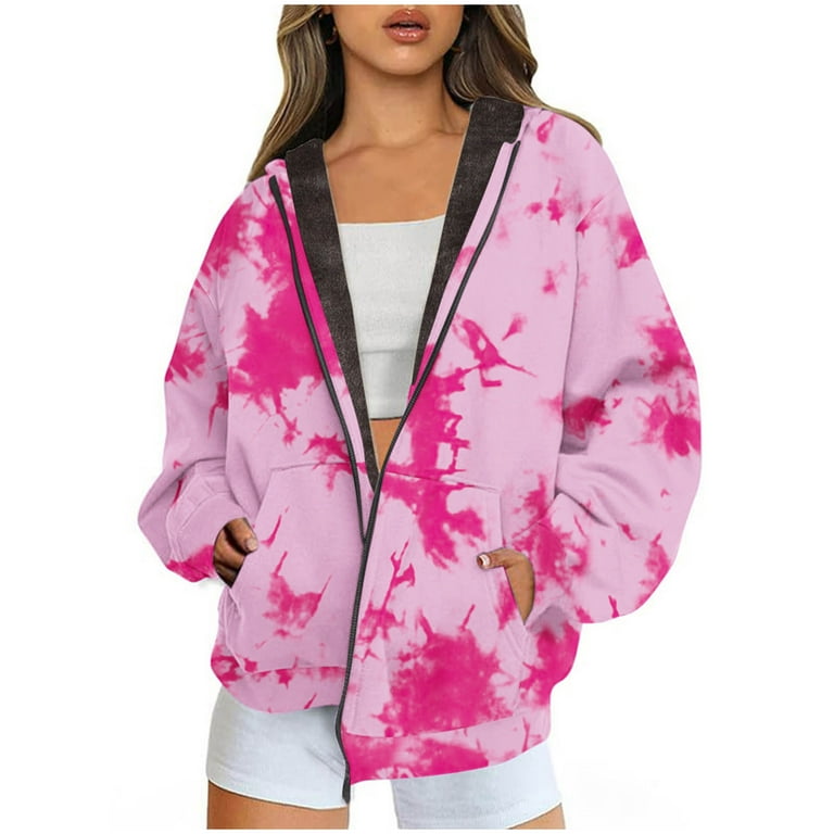 AnuirheiH Womens Zip Up Tie Dye Hoodies Long Sleeve Fall Oversized Sweatshirts Fleece Y2K Jacket with Pockets