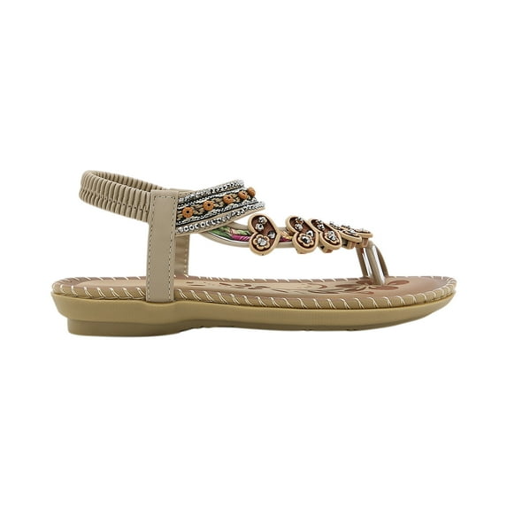 Anuirheih Bohemian Flat Flower Rhinestone Sandals Outer Beach Sandals Sandals Women Clearance(Beige)