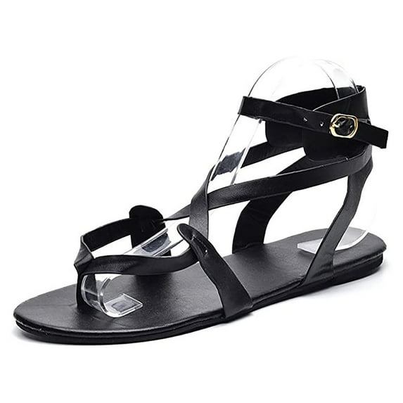 Anuirheih Casual Flip Flops for Women, Ankle Buckle Strap Roman Shoes Open Toe Flatform Sandals Boho Beach Shoes(Black-2)
