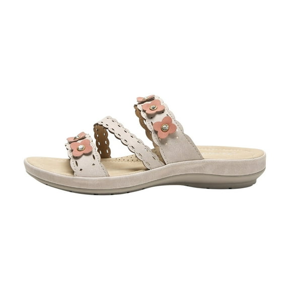 Anuirheih Slip on Sandals Women,Women's Shoes Bohemian Low-heeled Slippers Casual Thick Sole Comfortable Wear-resistant Small Flower Sandals(Beige)