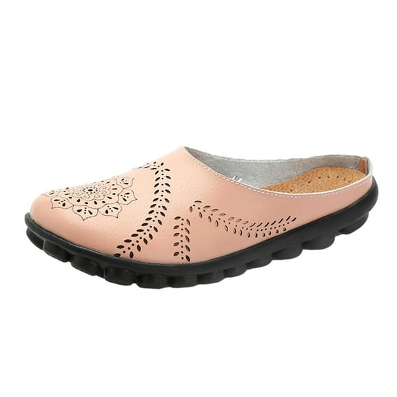 Anuirheih Slip on Sandals Women,Women's Shoes Solid Color Retro Hollow Out Carved Flat Heel Fashion Comfortable Casual Sandals Slippers(Pink)