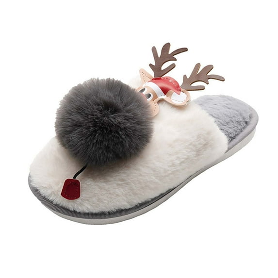 Anuirheih Slip on Sandals Women,Christmas Hair-ball Cotton Slippers Baotou Hairy Slippers Women Home Indoor Floor Cute Warm Shoes(Gray)