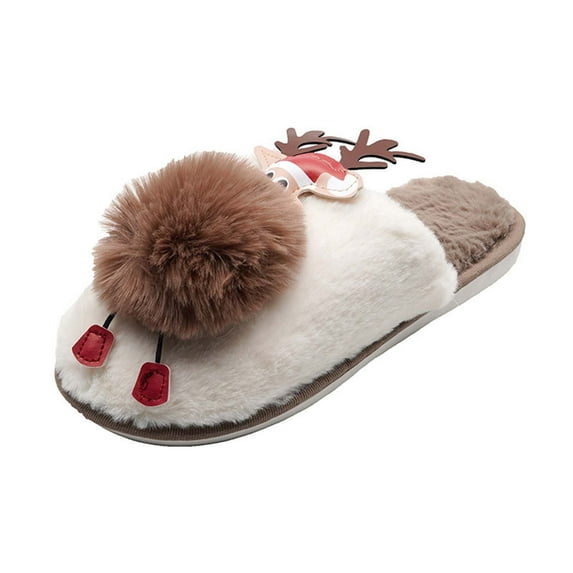 Anuirheih Slip on Sandals Women,Christmas Hair-ball Cotton Slippers Baotou Hairy Slippers Women Home Indoor Floor Cute Warm Shoes(Khaki)