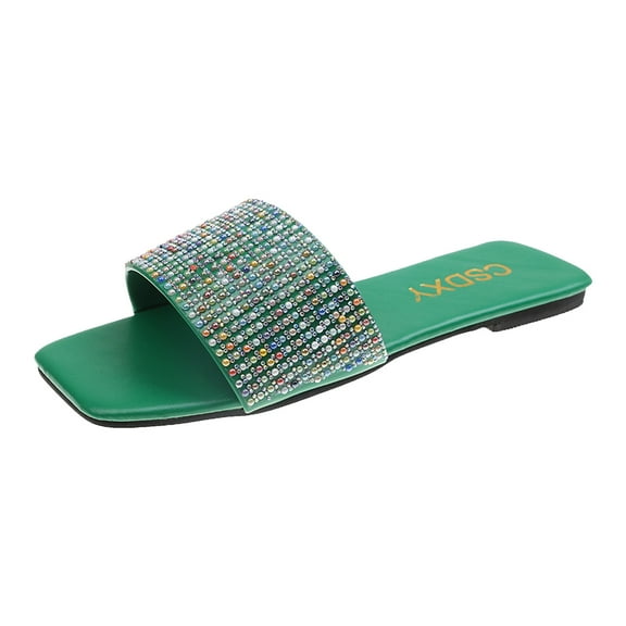 Anuirheih Slip on Sandals Women,New Retro Square Toe Flat Shoes Women's Rhinestone Casual Flat Sandals Women's Slippers(Green)