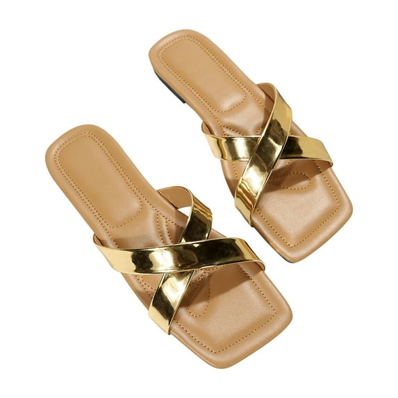 Anuirheih Slip on Sandals Women,New Summer Flats Casual Versatile Beach Sandals Women's Open Toe Slippers(Gold)