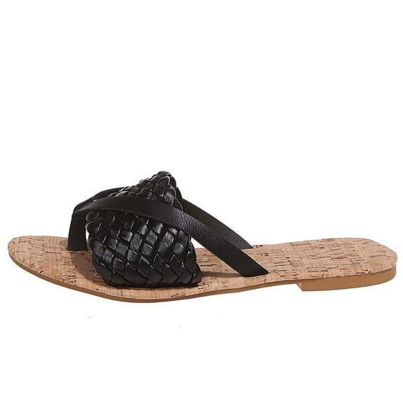 Anuirheih Slip on Sandals Women,Summer Fashion Casual Woven Women's Herringbone Flat Slippers(Black)