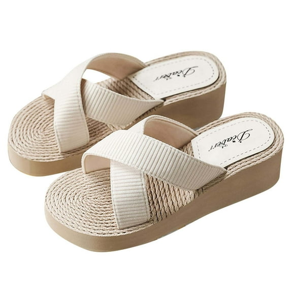 Anuirheih Slip on Sandals Women,Summer Ladies Grass Slippers High Heel Beach Shoes Strap Slippers(Beige)