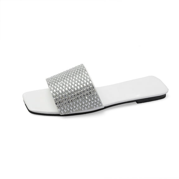 Anuirheih Slip on Sandals Women,Summer New Fashion Sequin Women's One Line Slippers Flat Sandals(White)