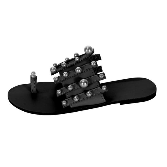 Anuirheih Slip on Sandals Women,Summer New Slippers Women's Flat Bottom Set-toe Pearl Beach Slippers(Black)