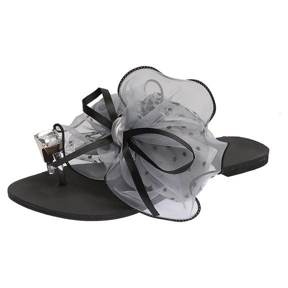 Anuirheih Slip on Sandals Women,Summer New Women's Sandals Silk Bow Rhinestone Flat Large Size Women's Sandals(Gray)