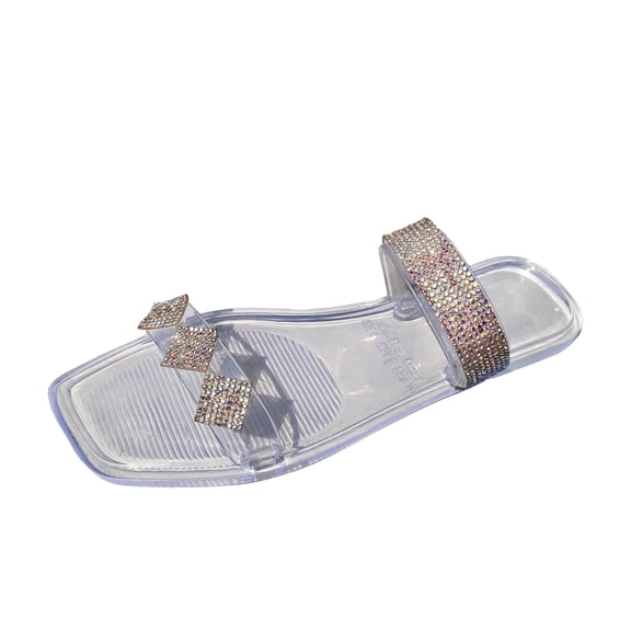Anuirheih Slip on Sandals Women,Summer Strap Rhinestone Flat Bottom Sandals Women's Comfortable Casual Slippers(Clear)