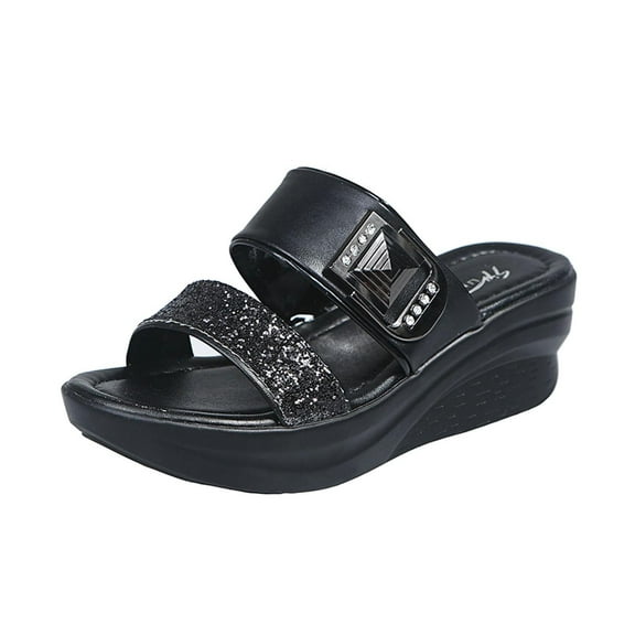 Anuirheih Slip on Sandals Women,Summer Women Thick Bottom Slope Heel Shoes Beach Sandals Roman Casual Slippers(Black)