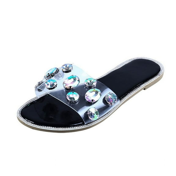 Anuirheih Slip on Sandals Women,Summer Women's Open Toe Colorful Rhinestone Decoration Casual Beach Shoes Flats Slippers(Black)
